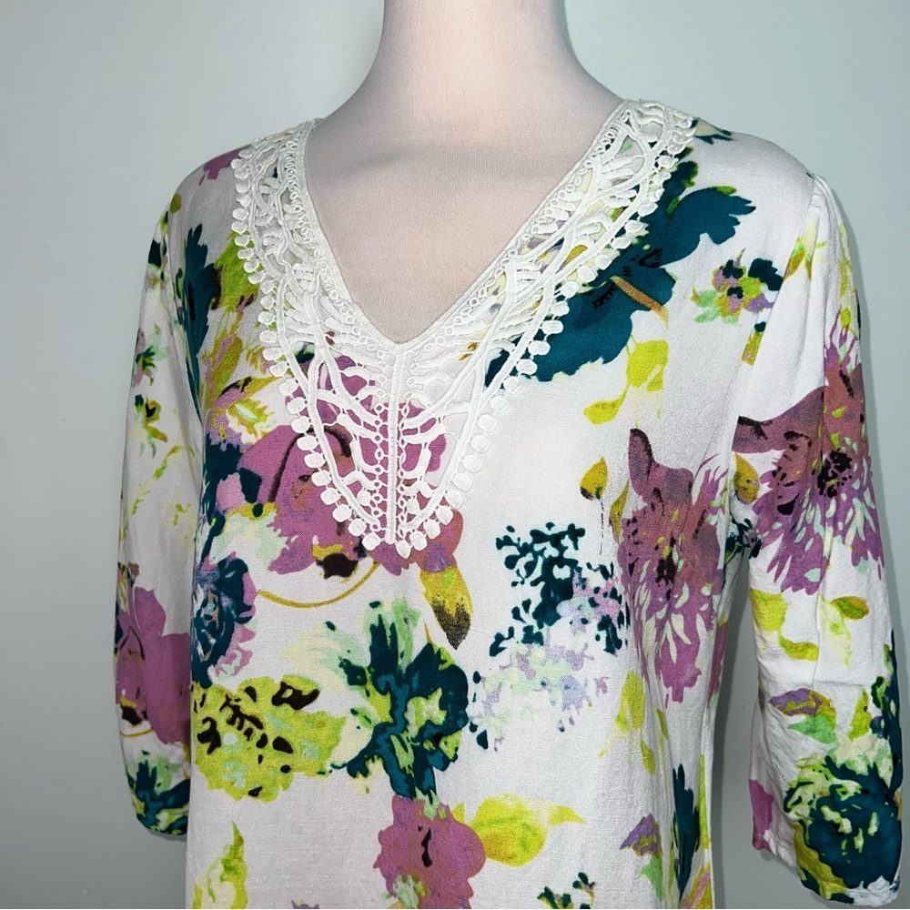 Premise Floral Crochet Lace V-Neck Blouse Women’s Large White Multicolor Boho - Picture 2 of 12